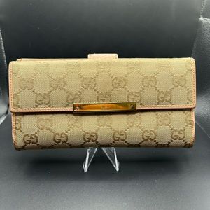 GUCCI GG Logo Canvas Leather Long Bifold Wallet /6T1893